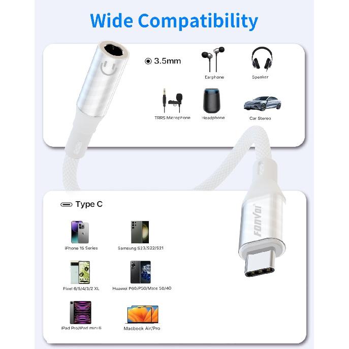 USB Type C to 3.5mm Headphone Jack Adapter(2 Park),Transparent USB C to Audio AUX Cable Dongle Cord Compatible with iPhone 15/16 pro max,Pixel 4 3 2