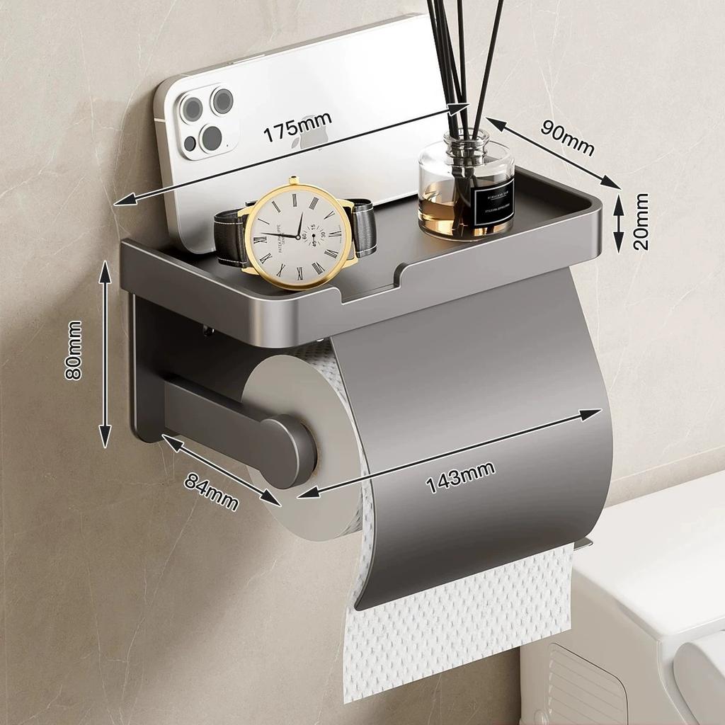 Gray Toilet Paper Holder with shelf Aluminum Black Tissue Paper Holder Milk Cream Paper Roll Holder With Phone Storage Shelf