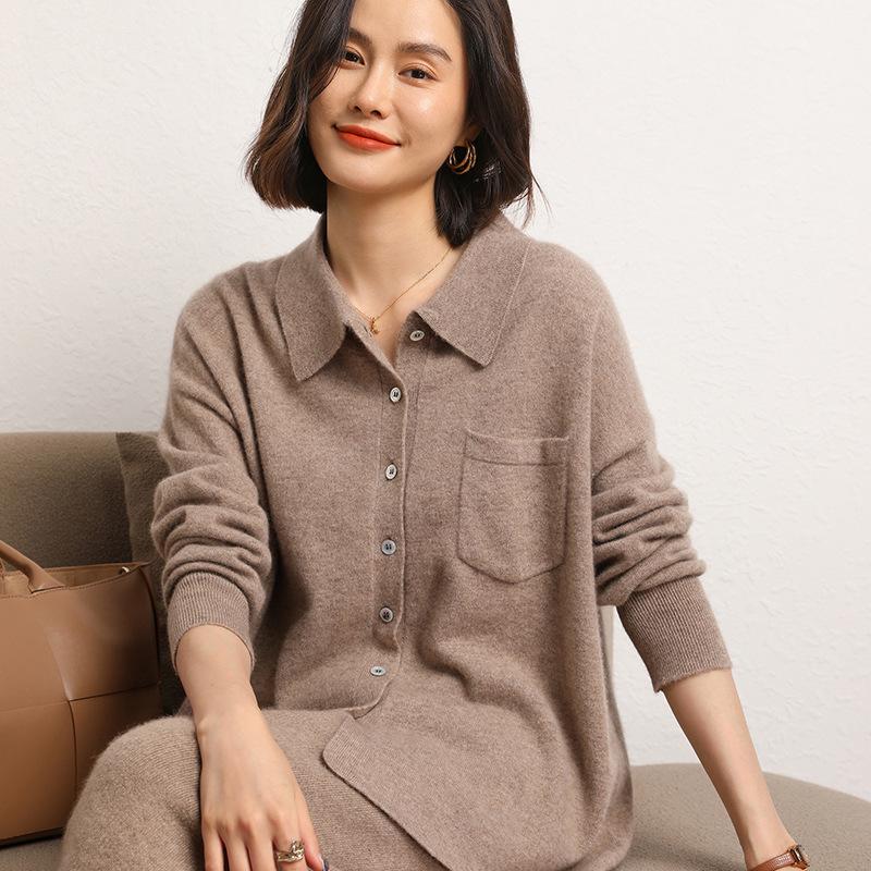Women's Versatile Cashmere Knit Sweater: 2023 Autumn/Winter Polo Collar, Loose Fit, Solid Color