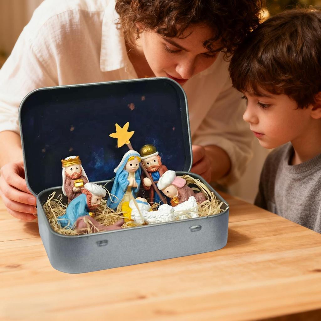Nativity Set in Tin Box Mini 3D Small Religious Holy Figurines Holy Family Christmas Religious Decoration for Desk Shelf Office