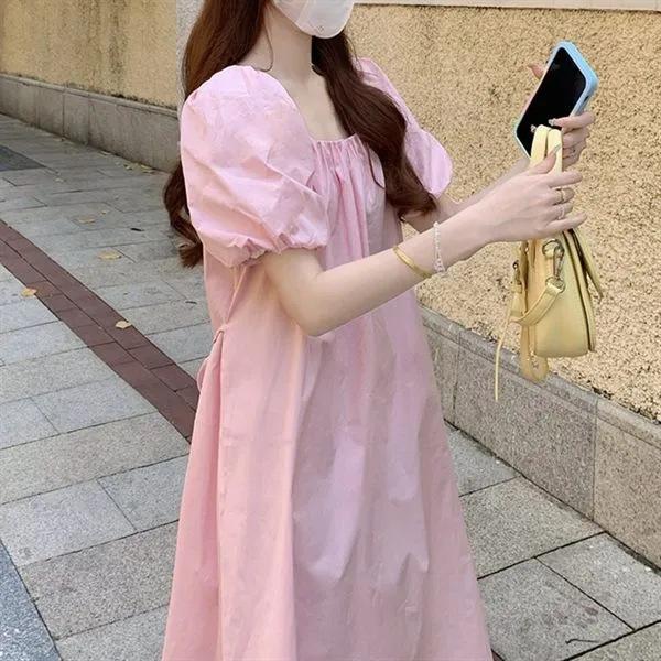 French square collar dress women's summer new design sense niche bubble short sleeve gentle wind skirt