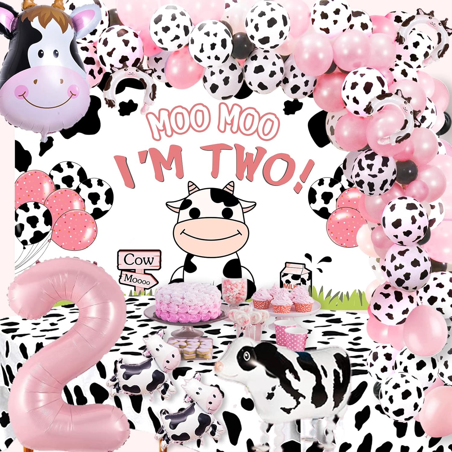 Roetyce Moo Moo I m Two Decorations - Girl Boy Cow 2nd Birthday Party Supplies, Banner and Balloons for Cow Themed Birthday Decor