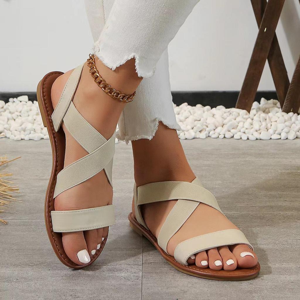2025 Summer New Flat-soled Sandals Women's Cross Elastic Band Roman Beach Shoes Open-toed Foreign Trade Large-size Women's Shoes