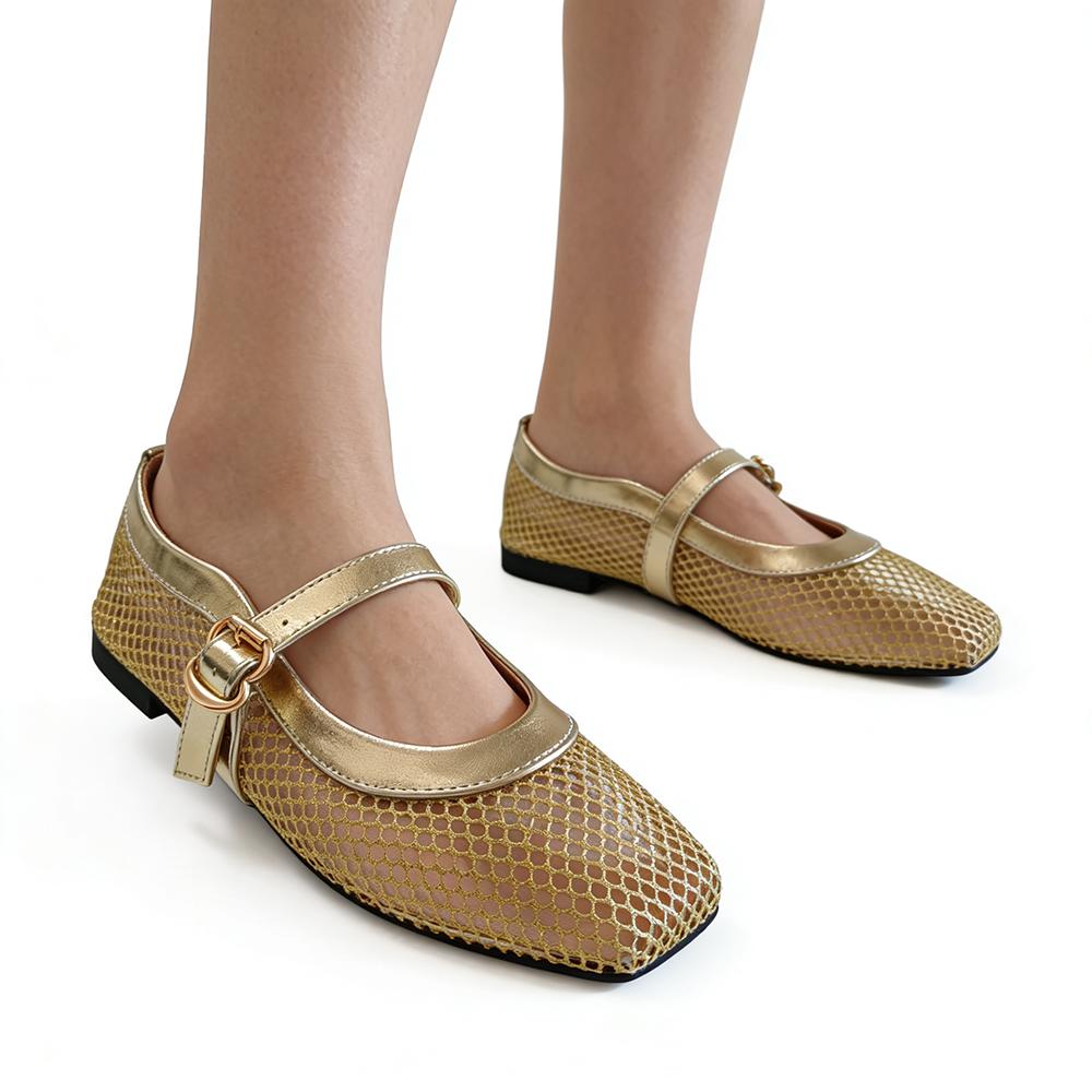 Gold Mesh Hollow Out Shoes Women Mary Jane Flats Lightweight Spring Summer Dress Party Shoes Elegant Office Lady Plus Size 43