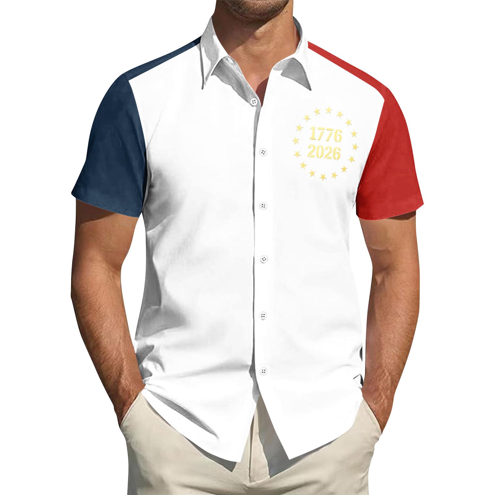 

Men’s Short Sleeve Button Down Shirt with 1776 2026 Semiquincentennial Print Casual Collared Top for Everyday Wear XXXXXL белый