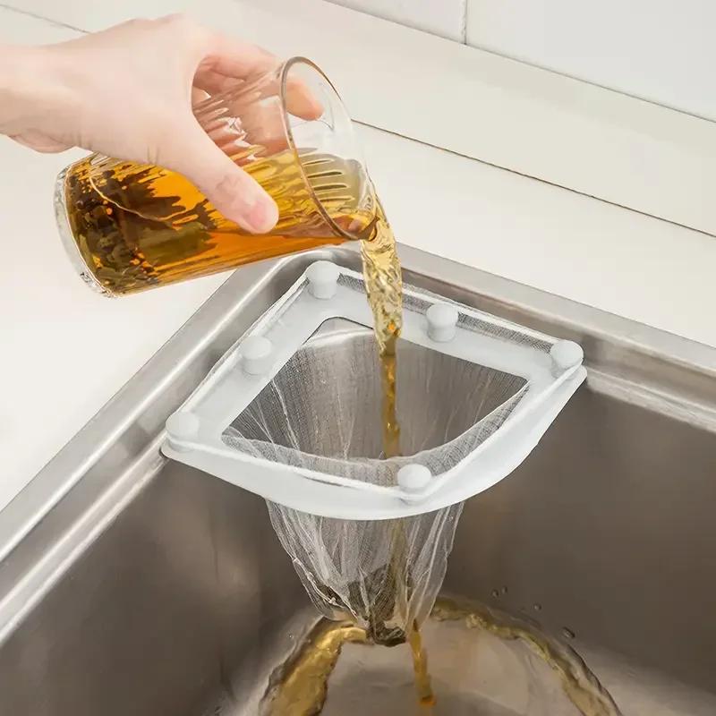 Multifunction Sink Filter Net Rack Triangular Towel Holder Leftovers Strainer Mesh Anti-Clogging Trash Hanging Bag Drain Device