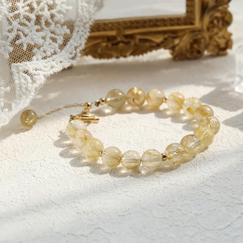 

Qiaoen Jewelry Женский браслет из хрусталя с золотистым рутиловым кварцем, простой оригинальный дизайн в стиле инс, универсальный для повседневной носки Adjustable 13cm-18cm Wrist