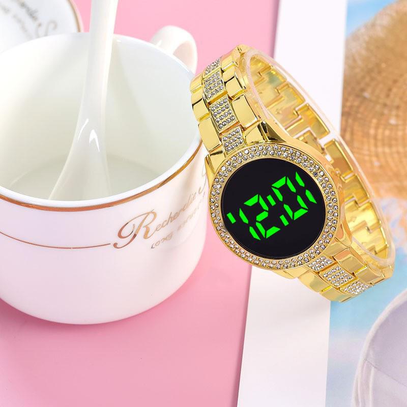 Korean Minimalist Diamond-Set LED Women's Steel Band Wristwatch - Casual Fashion Electronic Round Watch