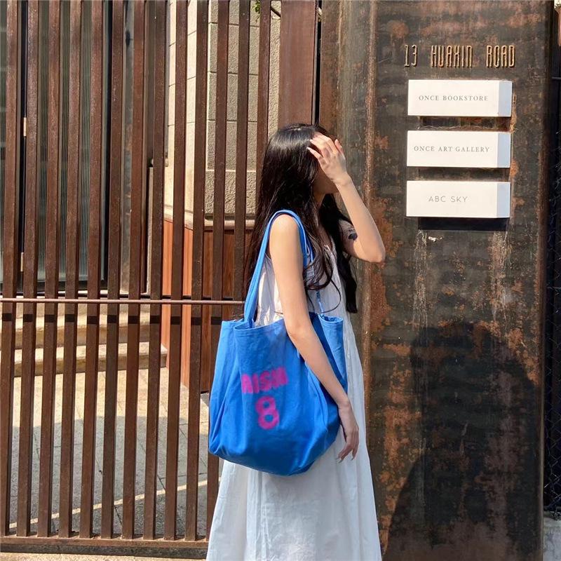 

Женская холщовая сумка-тоут большой вместимости – универсальная сумка на одно плечо с повседневным дизайном с буквенным принтом синий