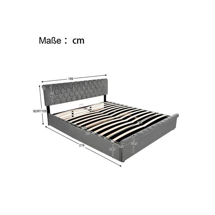 Lit Capitonné - MUVOE - 180x200 Cm - Velours Gris - Tête De Lit Réglable - 2 Places