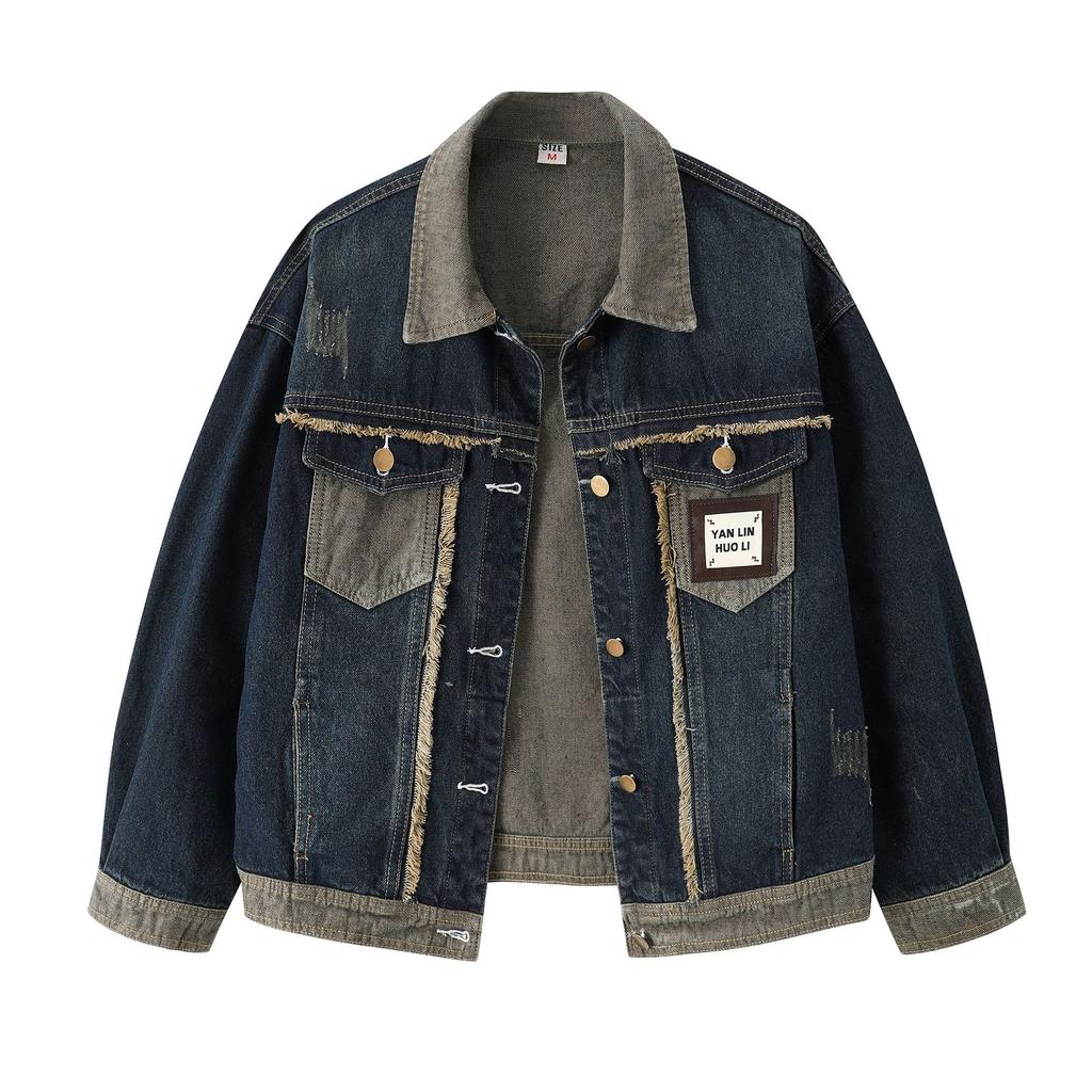 Mode Damejakke Efterår Vinter Løs Denimjakke Vasket Blå Patchwork Jeansfrakke Omvendt Krave Ydertøj