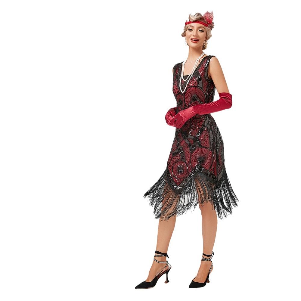 Embroidered Beaded Sequin Dress Banquet Dress V-neck Tassel Large Size Dress