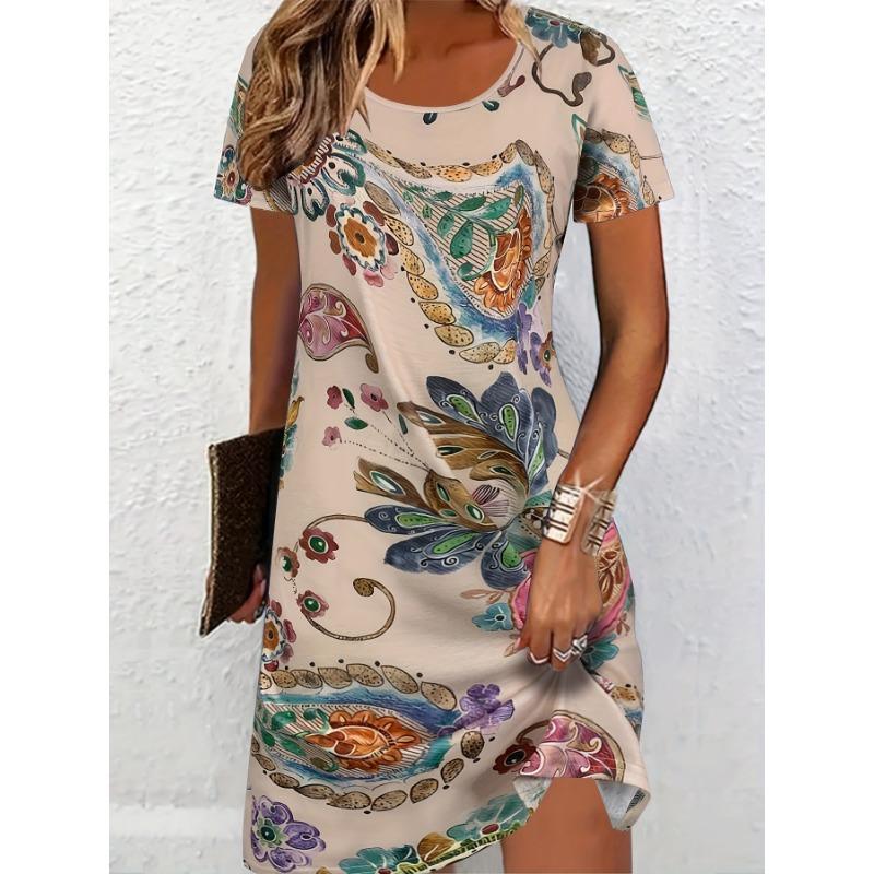 Elegant casual ethnic retro short-sleeved T-shirt dress S