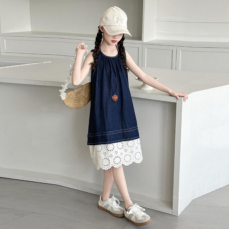 Girls' summer sleeveless denim dress 2026 new item girls' tank top dress children's vacation style princess dress