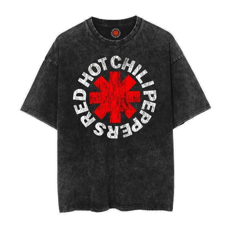 Modny Płukany Vintage Bawełniany T-shirt RED HOT CHILI PEPPERS Koszulka Męska Damska T Shirt Oversize Streetwear Krótki Rękaw