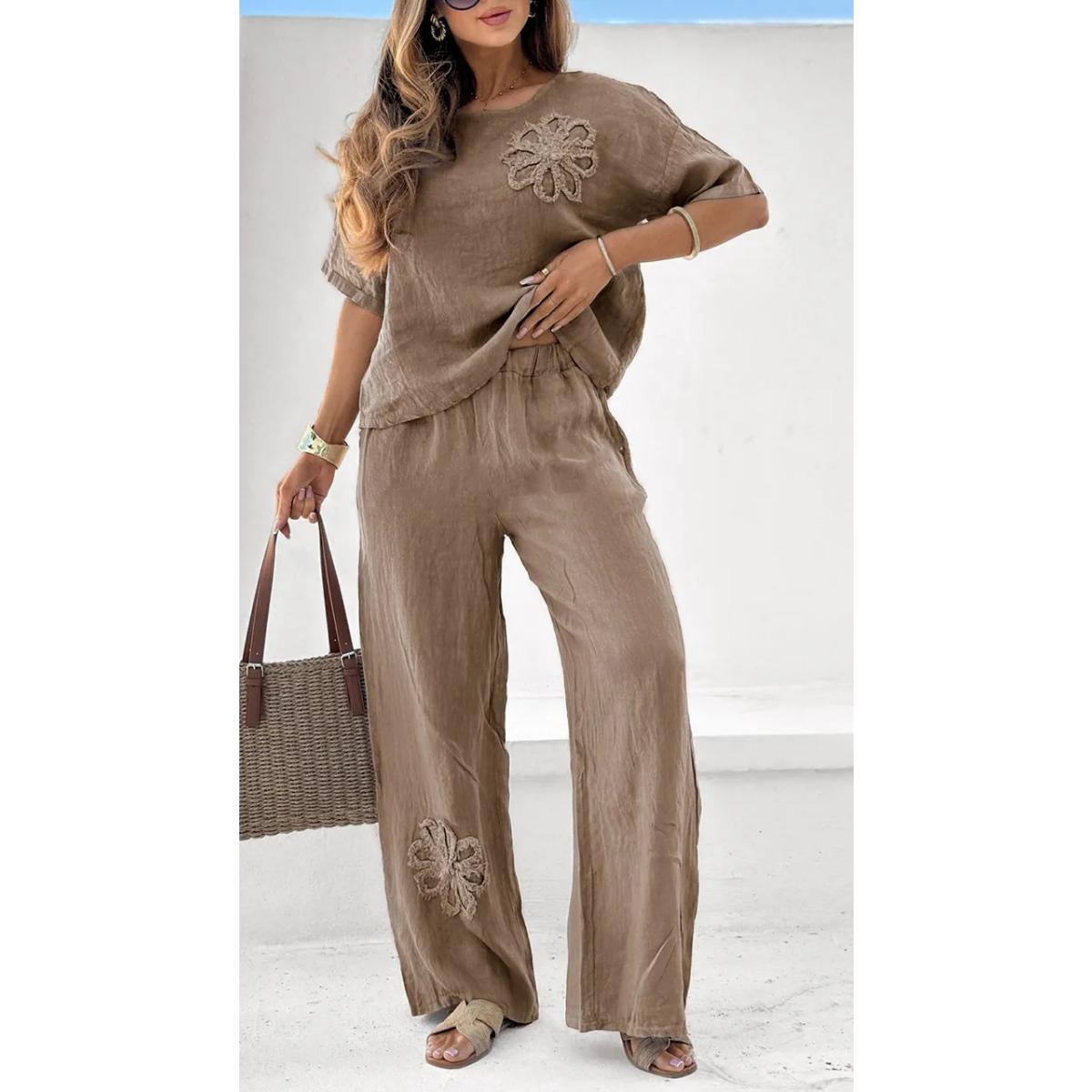 

Женский комплект из хлопка и конопли - Женский комплект из хлопка и конопли, 2 предмета, вышитый, повседневный, элегантный, брюки с высокой посадкой и свободного кроя XL коричневый