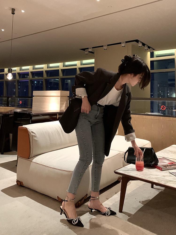 

Туфли-лодочки на высоком каблуке женские новые нишевые одинарные туфли с чувством дизайна тонкого каблука, остроносые, с ремешками и стразами, сандалии 35