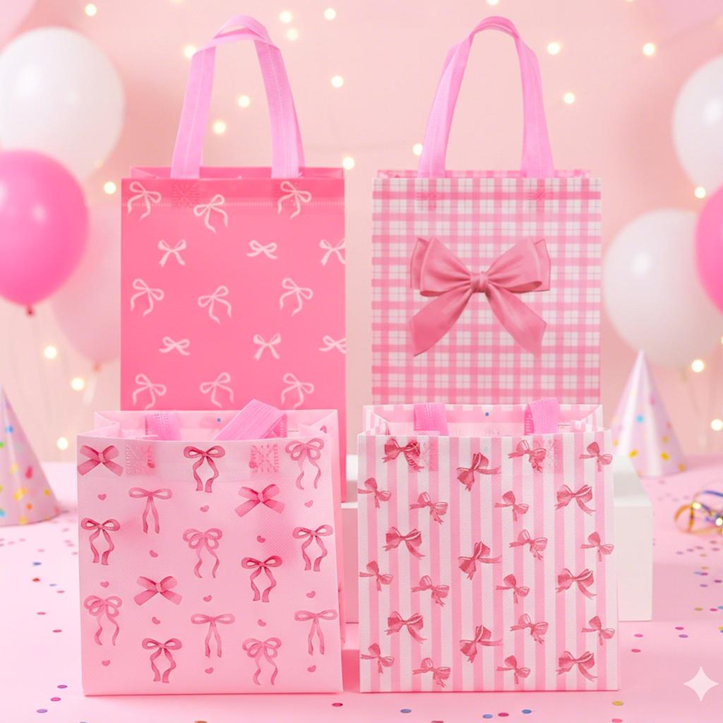 Pink Bow Non-woven Gift Bags Pink Bow Birthday Party Decorations Kids Girls Favors Gifts  Handbags Wedding Baby Shower Supplies