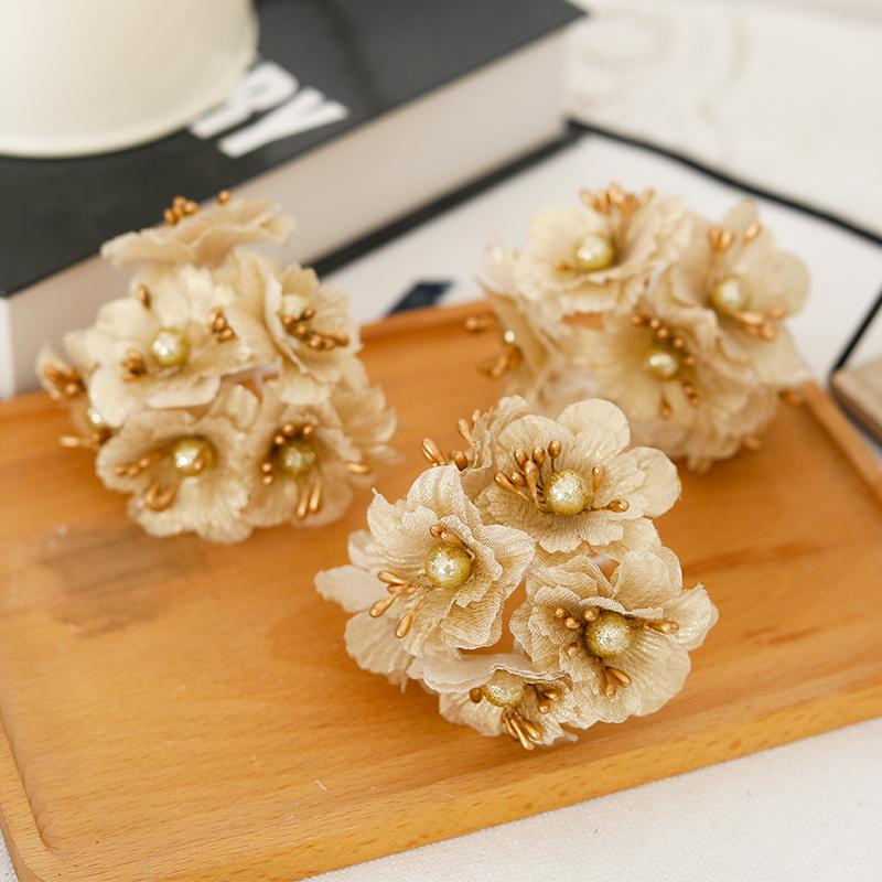 6pcs Golden Artificial Flowers Small Bouquet Christmas Wedding Home Decor Scrapbook Fake Plant Gift Box Wreaths Party Accessory