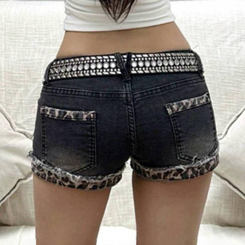 Vintage Denim Y2K Shorts Women Grunge Coquette Low Rise Skinny Jean Shorts Woman Sexy Leopard Print Mini Short Pants