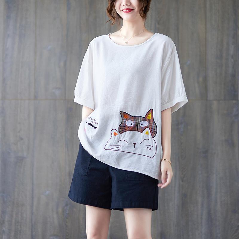 Korean Style Plus Size Summer Women Ramie Top O Neck White Black Blue Casual Loose T-Shirt Cartoon Embroidery Oversized Ladies' Tee