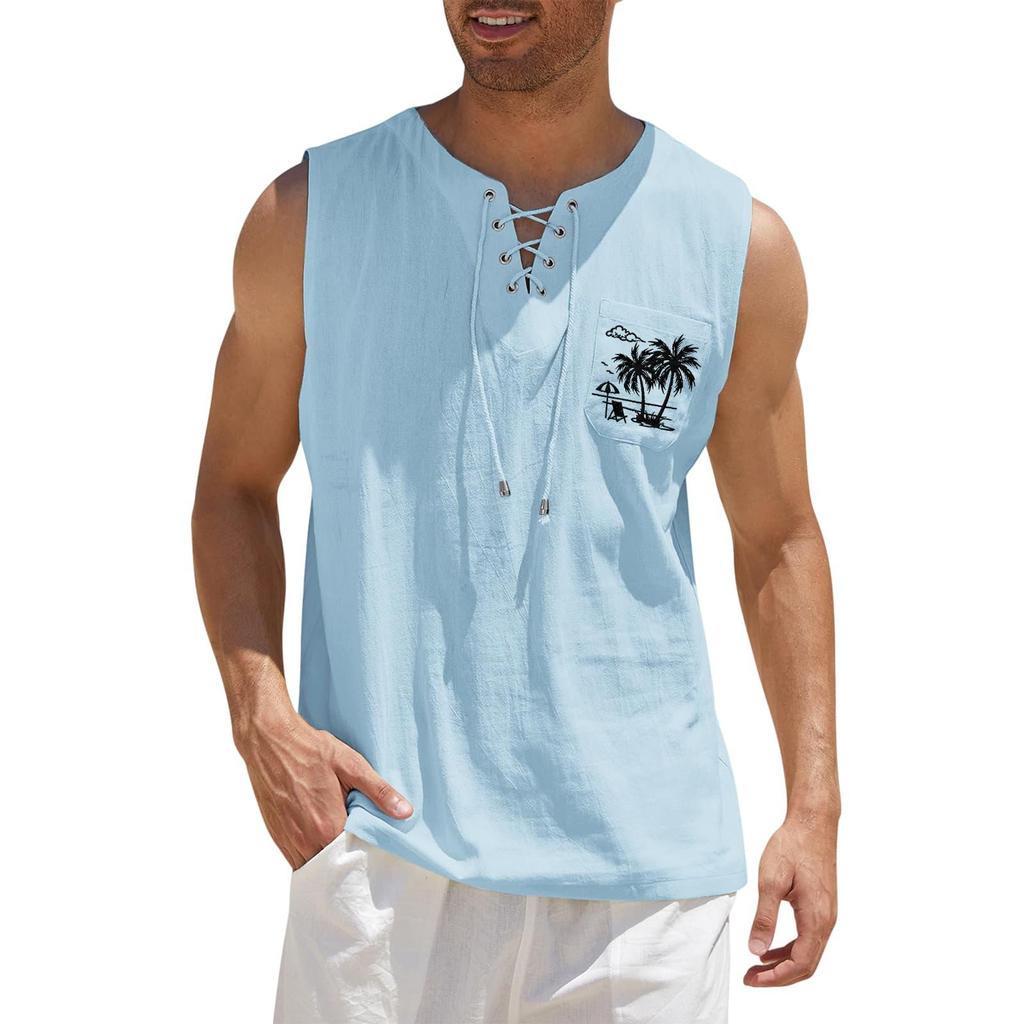 Men's Sleeveless Tank Top Loose Fit Casual Summer Vest with Lace-Up Neck and Printed Chest Pocket for Sports Outdoor