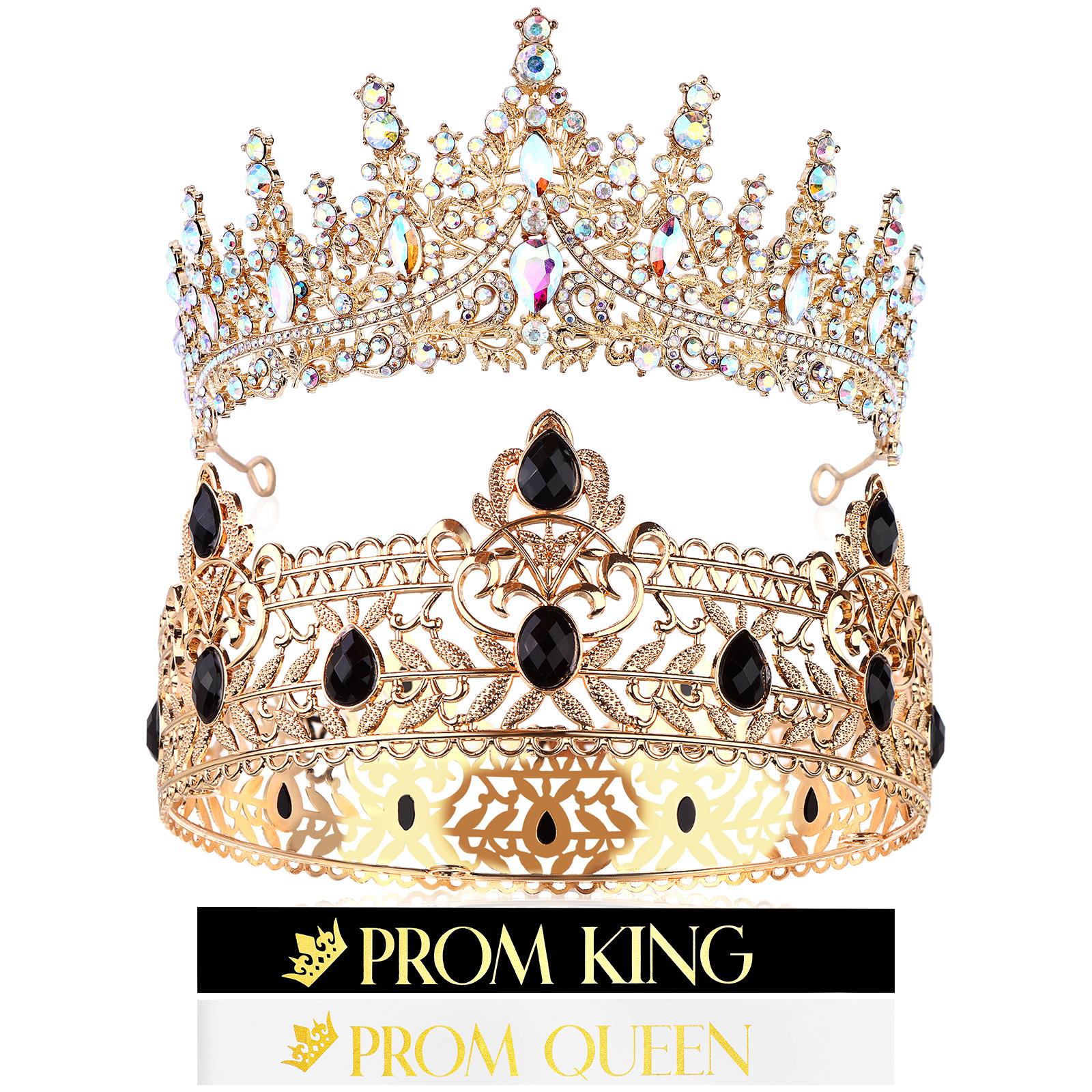 

4 Pieces Gold King Crown Tiara Crowns For Men Women Prom Queen And King Satin Sash Rhinestone Crown For Wedding Graduation