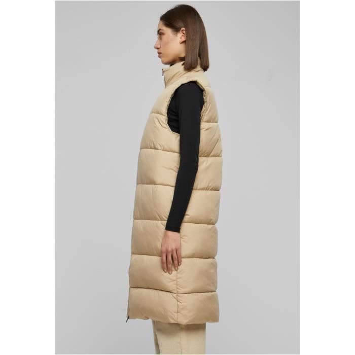 Doudoune Longue Femme - Urban Classics - Gilet Long - Beige - Col Montant - Poches Latérales