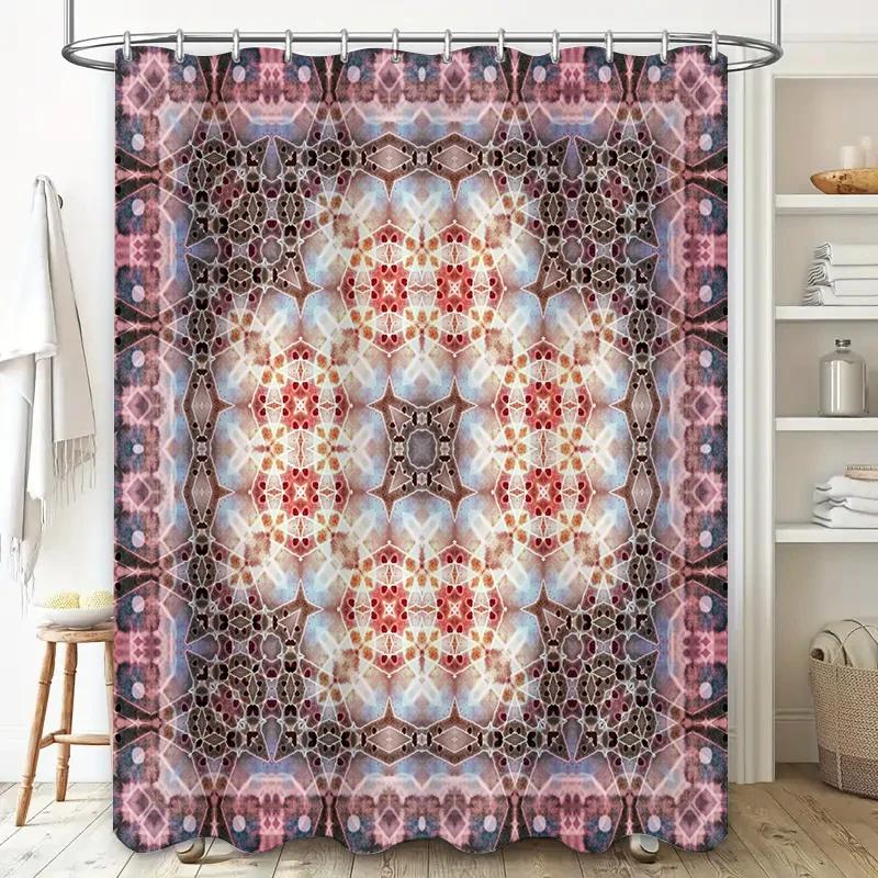Unique Mandala Shower Curtain with Bohemian Floral Design Pink White Bathroom Decor for Home Decoration