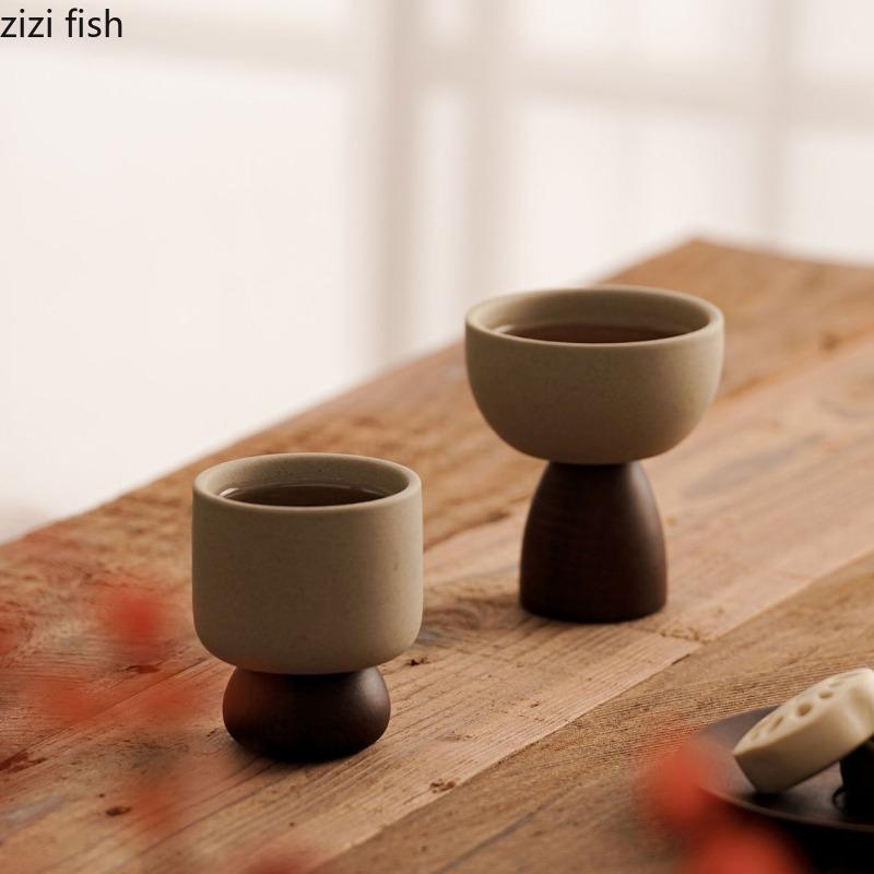 Ceramic High Footed Water Cup Coffee Cups Tea Mug Pudding Cup Ice Cream Cups Wooden Foot Candle Holder Milk Mug Dessert Bowl