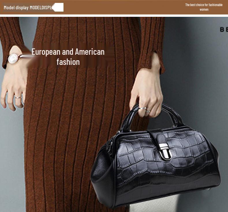 Retro Crocodile Grain Genuine Leather Doctor Bag - Large Capacity High-End Women's Handbag & Shoulder Bag
