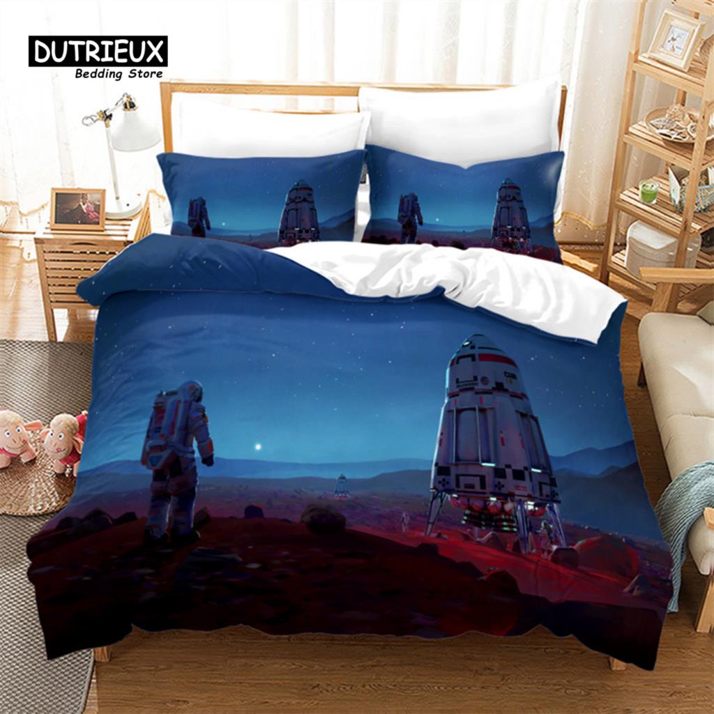 Cartoon Astronaut Duvet Cover King For Boys Girl Galaxy Space Bedding Set Microfiber Rocket Ship Space Adventure Comforter Cover