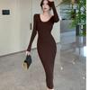 Autumn and Winter New Slim Fit Base Knitted Sexy Dress Women Elegant Mid Length V-neck Sweater Dress Women Solid High Waist Casual Party Dresses 25956