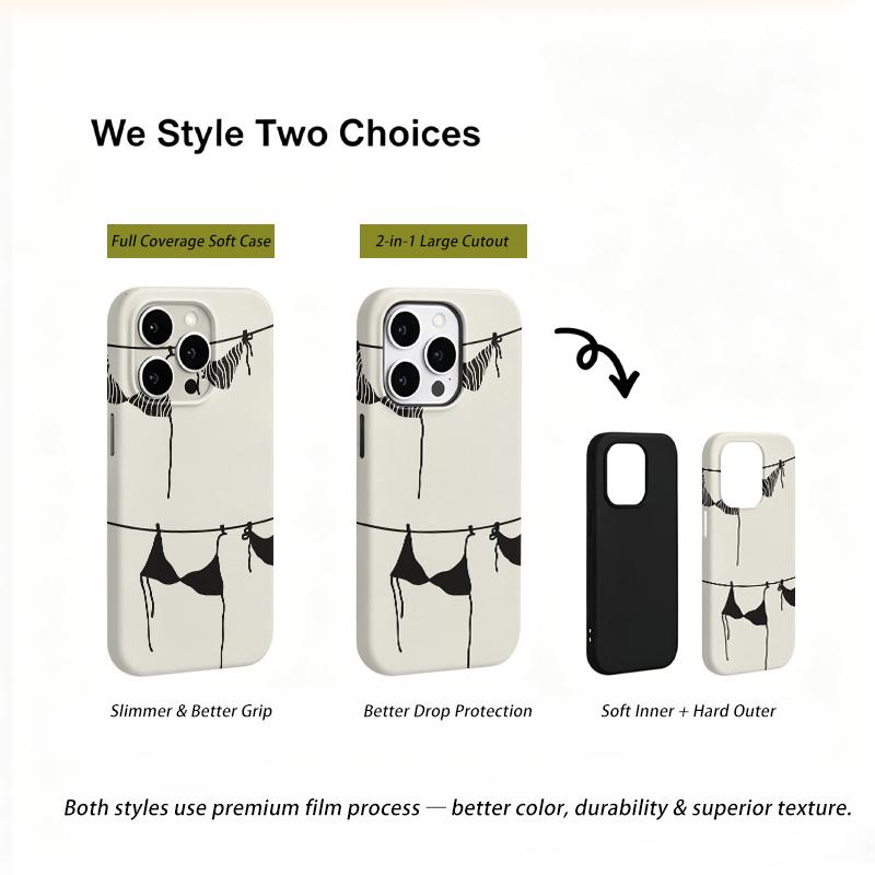 Chic Line Art Bikini Clothesline Summer Sketch Doodle Film Aesthetic Protective Shockproof Bumper Case Cover For iPhone 14 15 16 Pro Max Plus