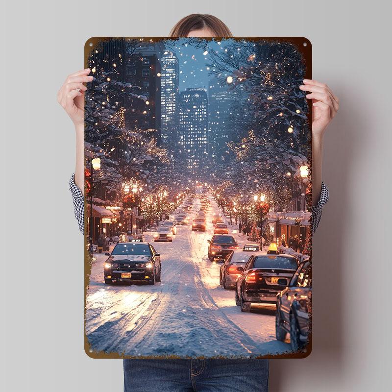 Snowy City Street At Night Tinplate Poster Customized Wall Art Vintage Metal Signs Retro Tin Plaque for Bar Accessories House