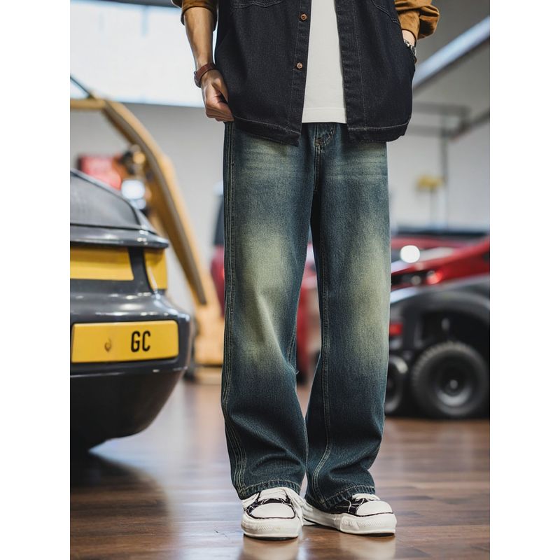American Retro Heavy-Duty Washed Vintage Loose Wide-Leg Jeans for Men, Spring and Autumn Pants, Export Men's Casual Long Pants
