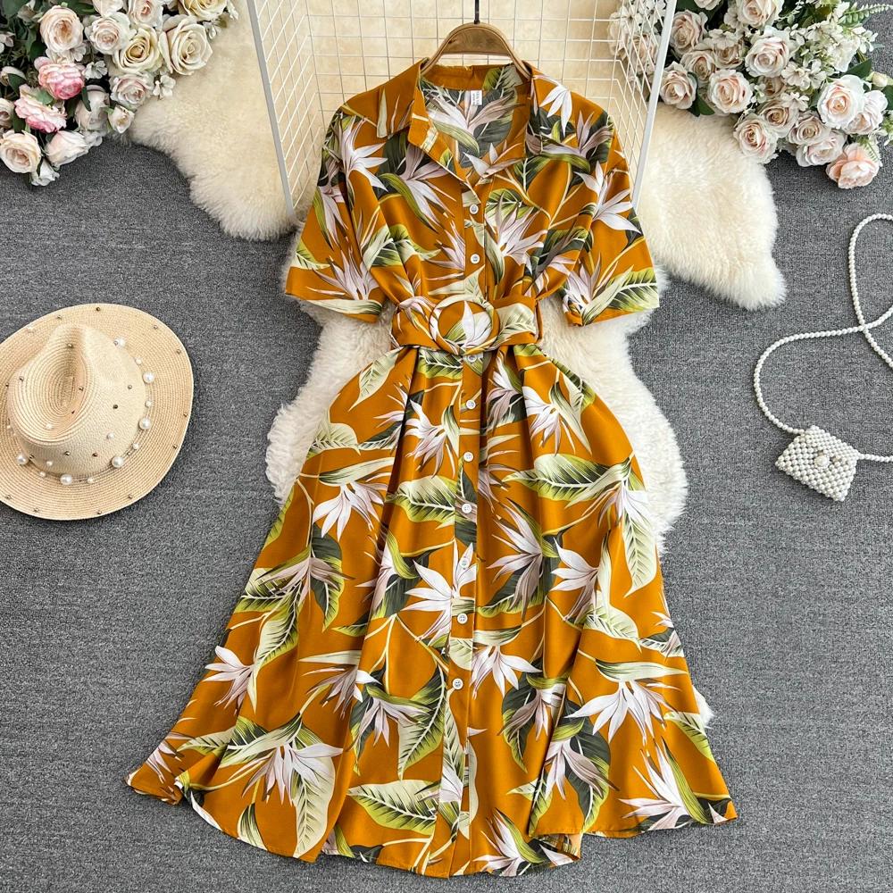 New Summer Women Dress Fashion Print Floral A-line Shirt Dress with Belt Elegant Vintage Off Lady Dress Casual Dresses