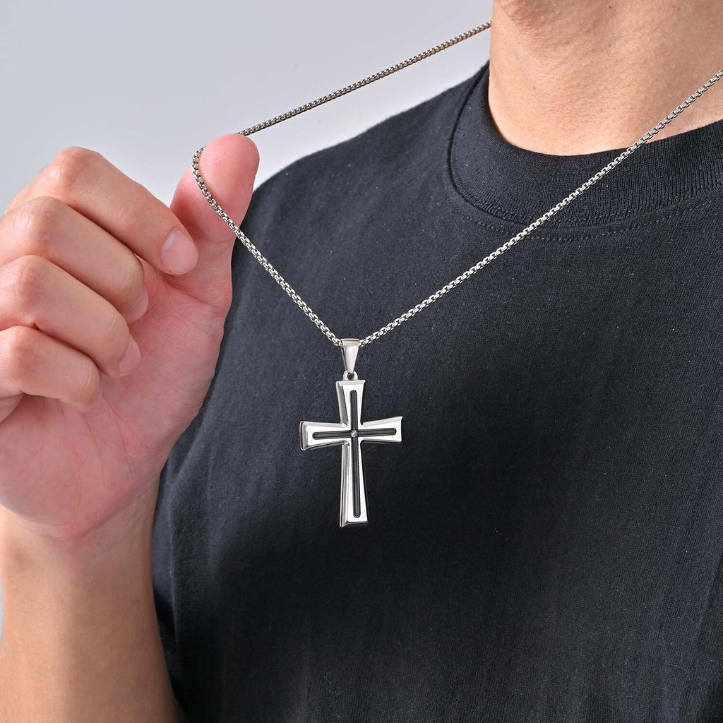 Stylish Men's Cross Necklace,Stainless Steel Silver Color Cross Pendant Necklace,Christian Religious Faith Easter Jewelry Gift
