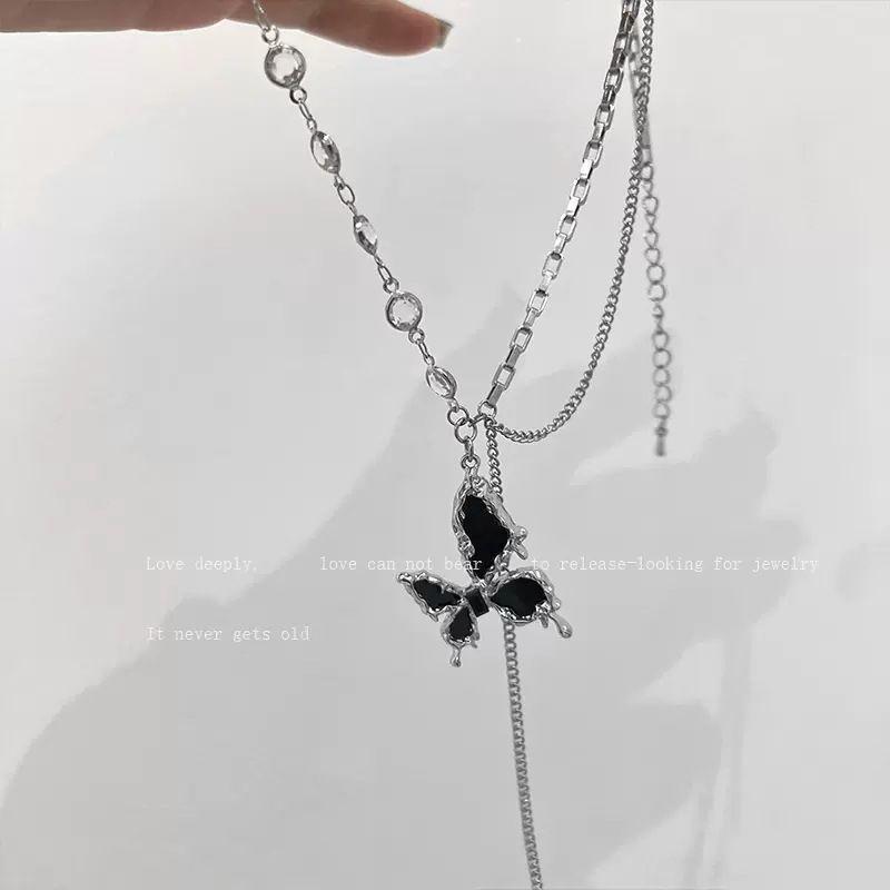 Black butterfly zircon necklace women's new neutral cold wind neck chain collarbone chain sweater chain with accessories