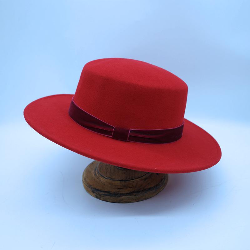 Big Red Green Flat Top Top Hat Female Autumn And Winter Foreign Trade Trend British Retro Street Panama Woolen Felt