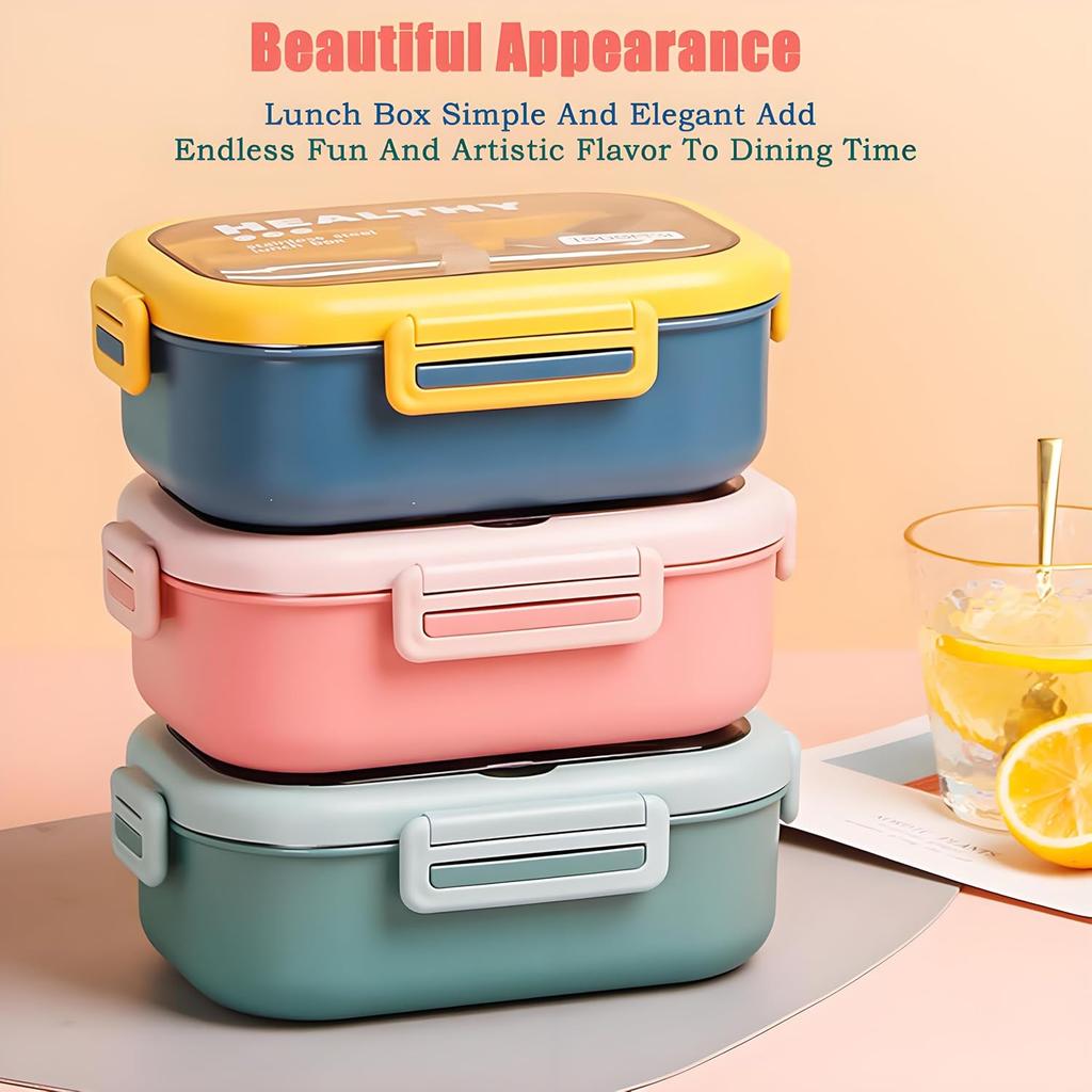 Edelstahl-Lunchbox, 2-Fächer-Bento-Box für Erwachsene, Leicht zu reinigen, Auslaufsicheres Design, Lebensmittelaufbewahrungsbehälter mit Geschirr für die Familie,