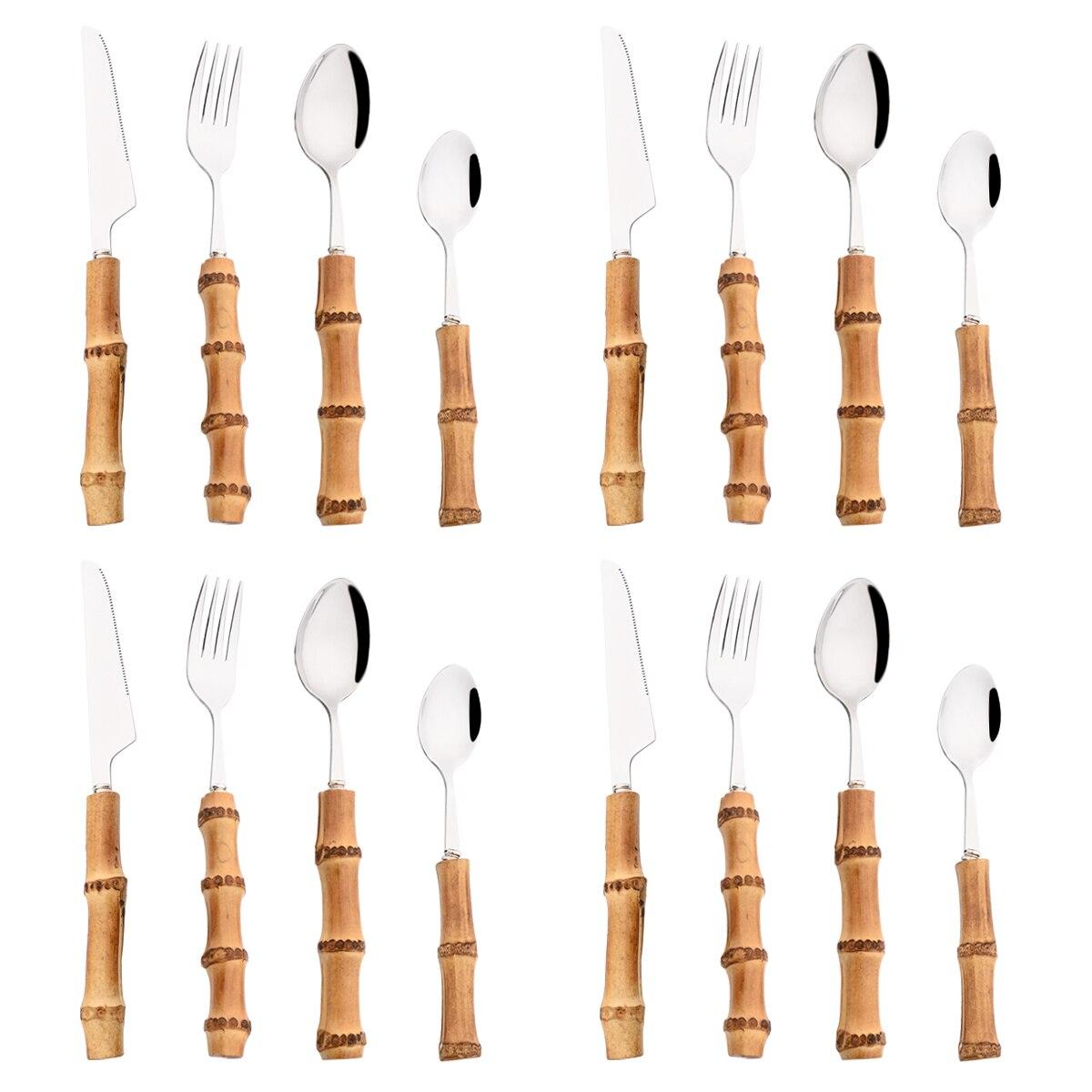 

16/24 шт., креативный набор столовых приборов с бамбуковой ручкой, посуда из нержавеющей стали, нож для стейка, вилка, ложка, чайная ложка, столовые приборы, кухонная посуда 16pcs серебряный