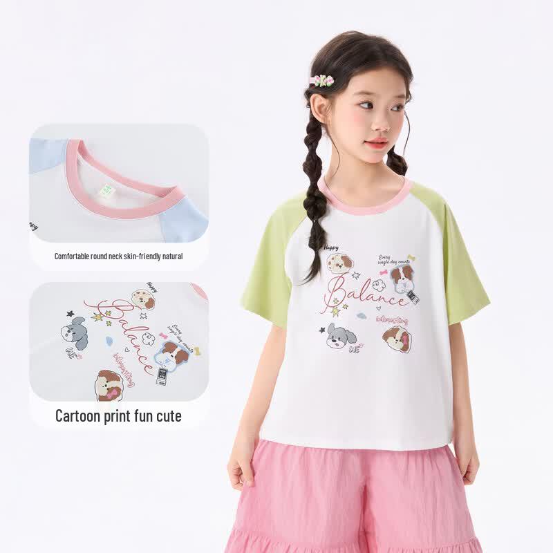 Xiaoyinman Girls' Cartoon Print Color Block Short Sleeve T-Shirt