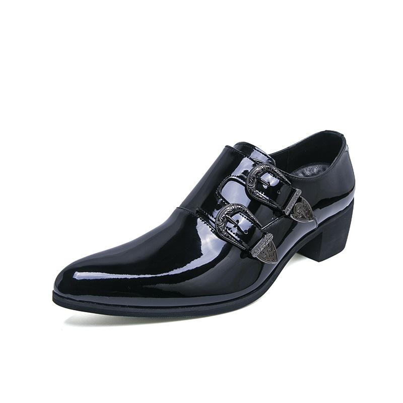 

Coarse-heeled leather shoes men s spring and autumn new skull pattern high-heeled men s shoes heightened pointed business dress small leather shoes 46