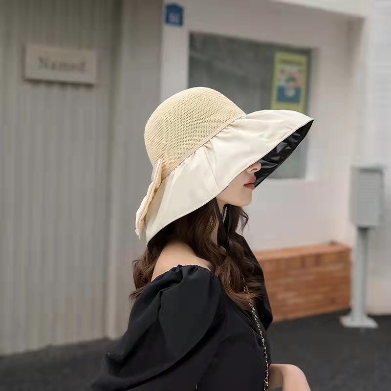 Spring and Autumn Versatile Bow Vinyl Sun Hat Women's Foldable Storage Hollow Anti-UV Face Hat