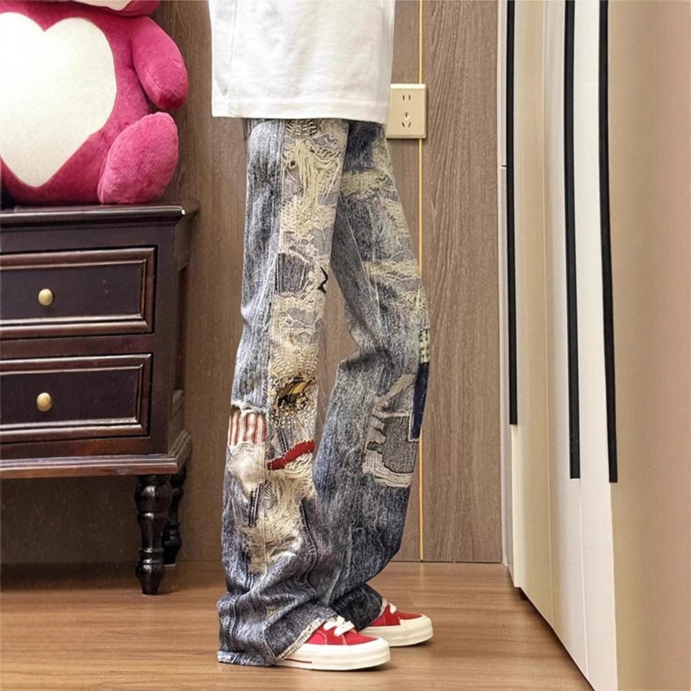 JYL Men's Straight Jeans American Vintage Ripped Casual Vintage Loose Denim Pants
