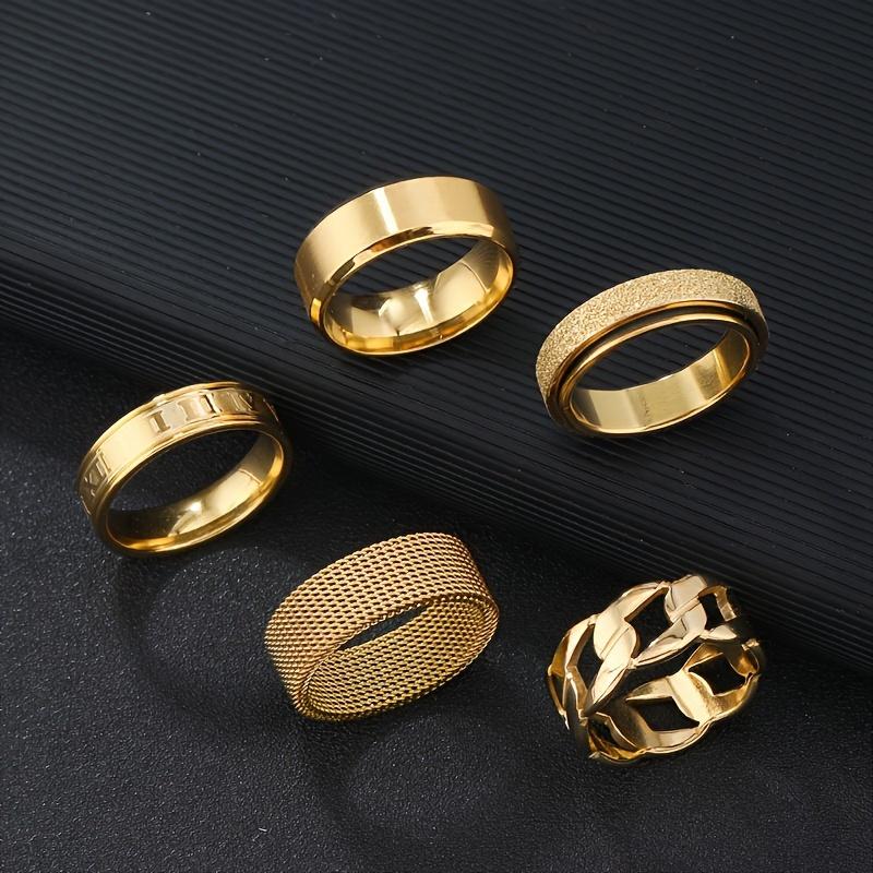 Stainless Steel Ring Set 5 Pieces of 18K Gold Plated Rotatable Decompression Rings, Men's Hip Hop Hollow-Out Design