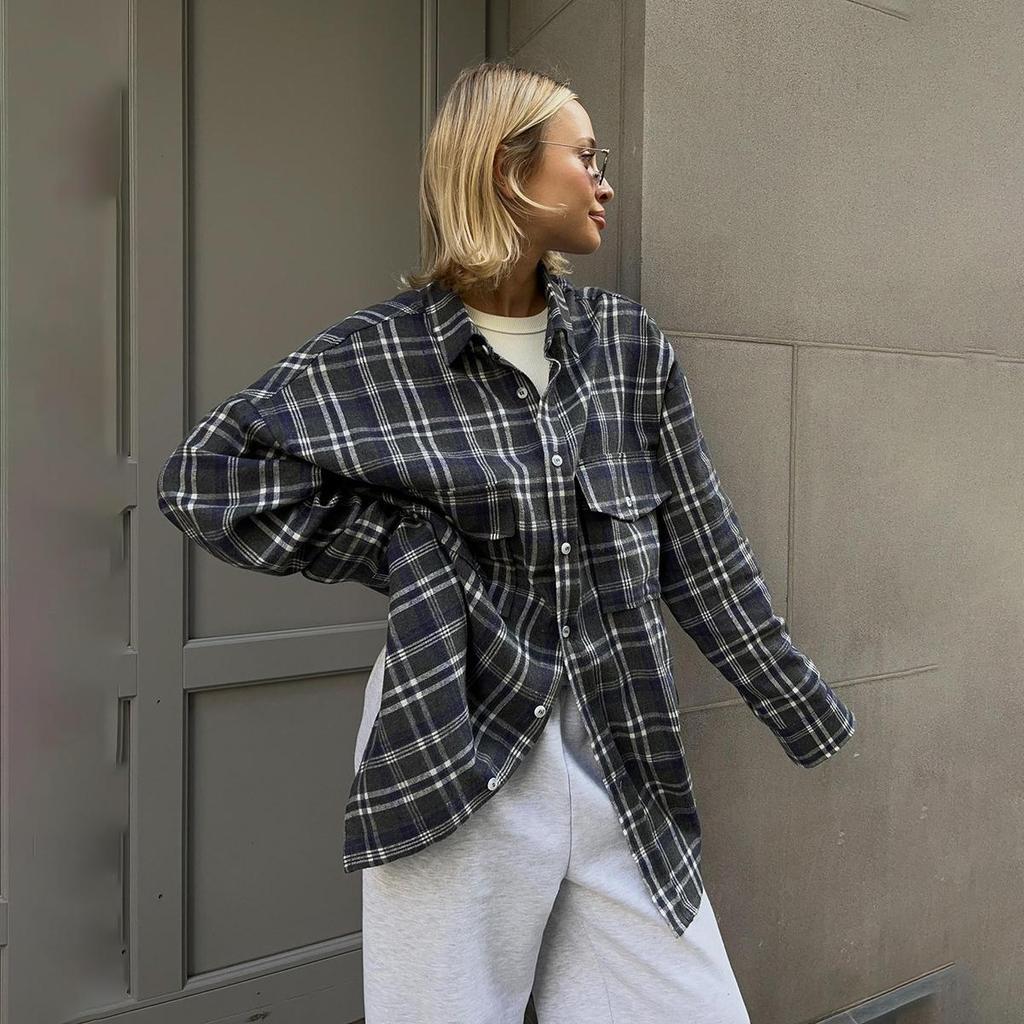 Frauen Frühling Herbst Temperament Plaid Anzug Kragen Langarm Hemd Blusen