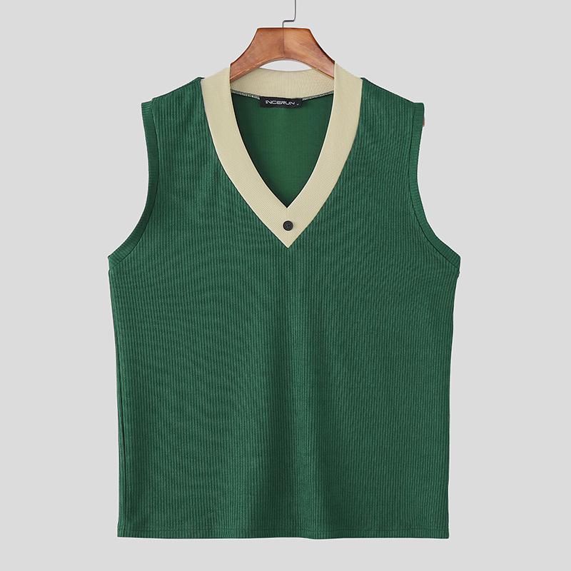 

INCERUN Men V Neck Sleeveless Stitching Patchwork Casual Rib Tank Tops 5XL зелёный
