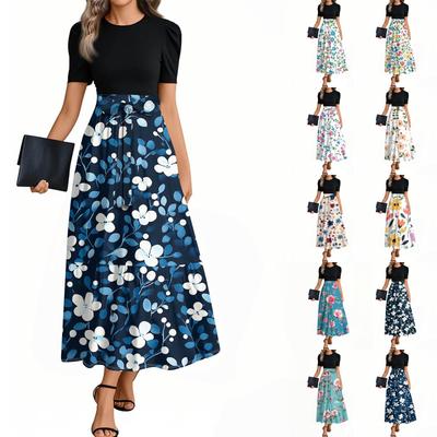 Women's Elegant Fashion Floral Print Belted Short Sleeve Round Neck Splicing Casual Dress